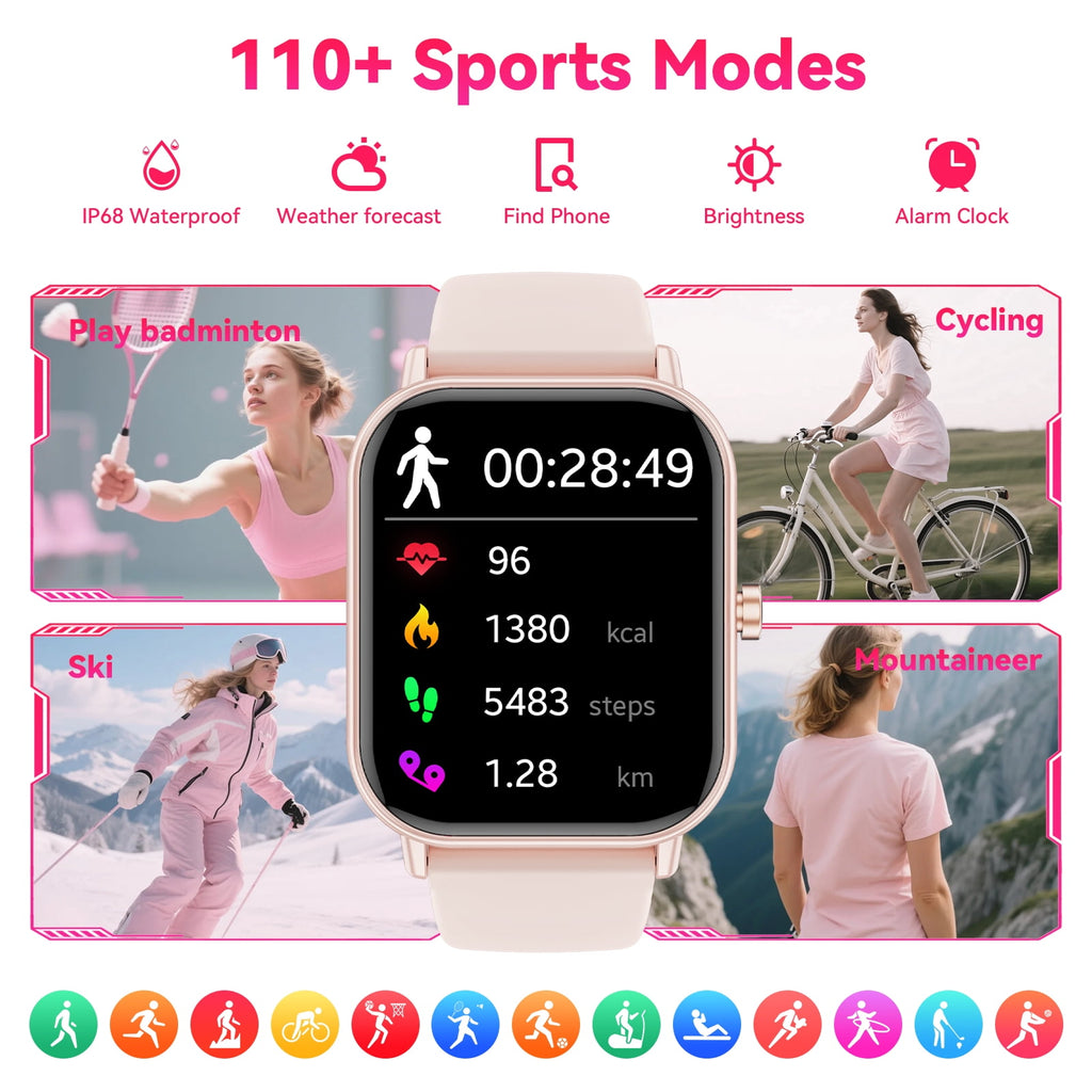 Smart Watch for Women Men, fits for Android and IPhone Devices, Fitness Tracker/pedometer, 1.85-inch smartwatch Gift, Answer/Make Calls/120 Sports Modes, IP68 Water-Resistant Fitness Watch (Pink)